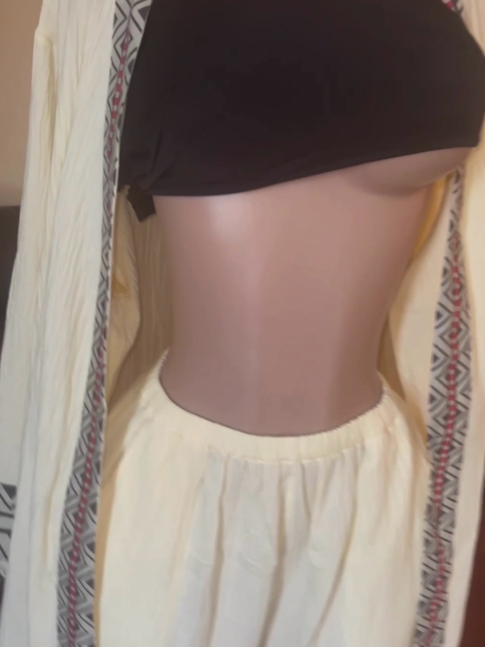 Cream Two-Piece Set with Black Crop Top
